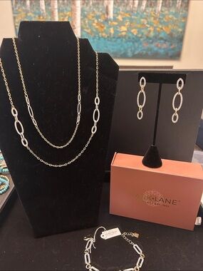Park Lane Elegant Double-Layer Necklace & Drop Earrings Set - Silver